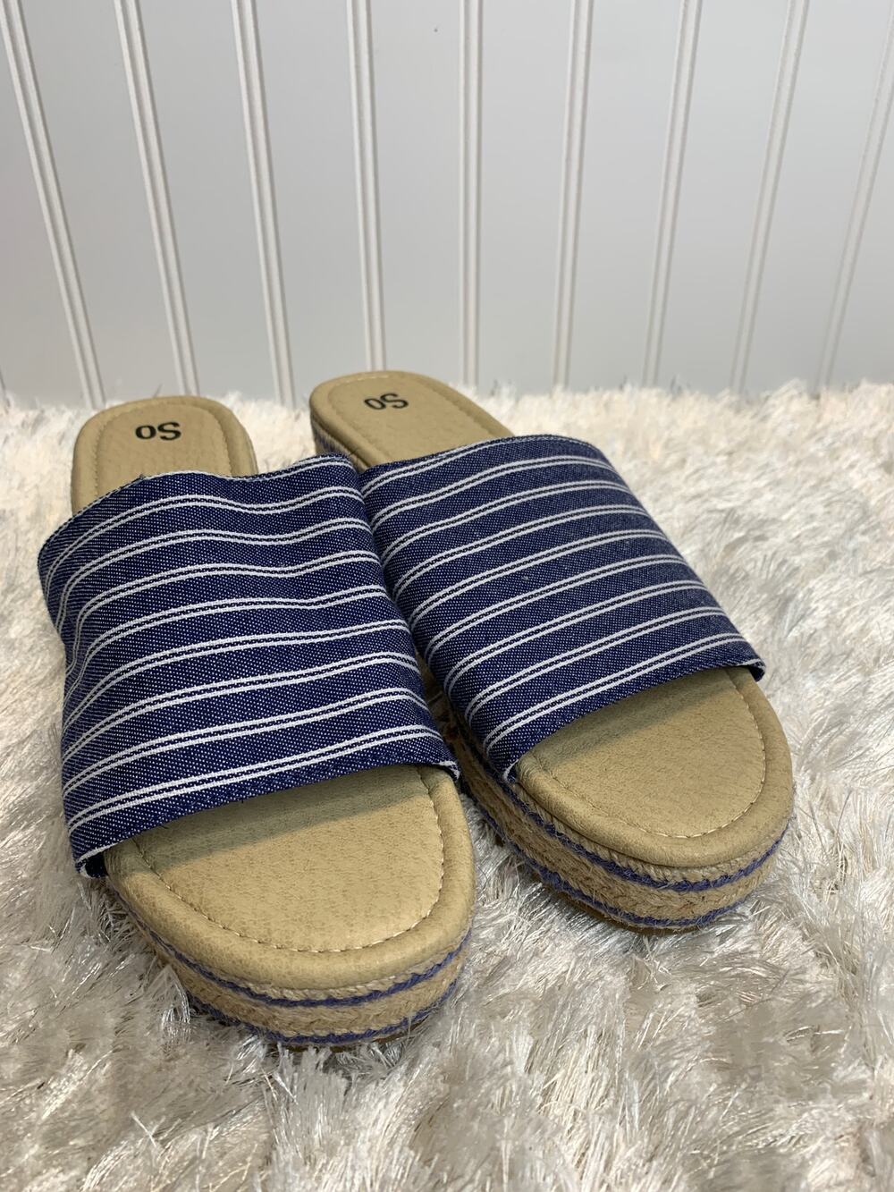 Blue Striped Platform Espadrille Mule Sandal Slide Sz 8